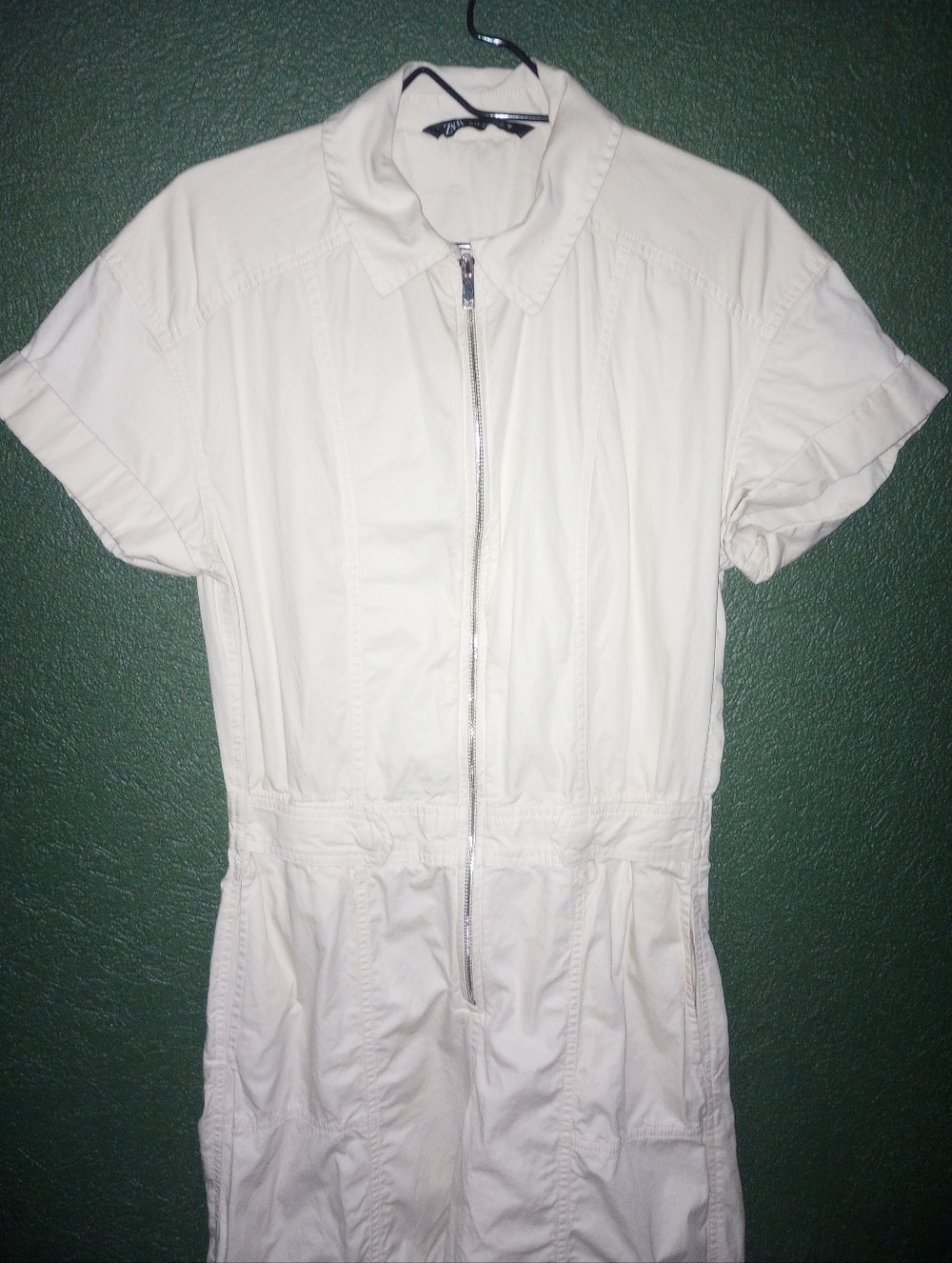 Zara Cream Ivory Wide Leg Jumpsuit Rolled Short Sleeves Pockets Front Zip S - Picture 12 of 15